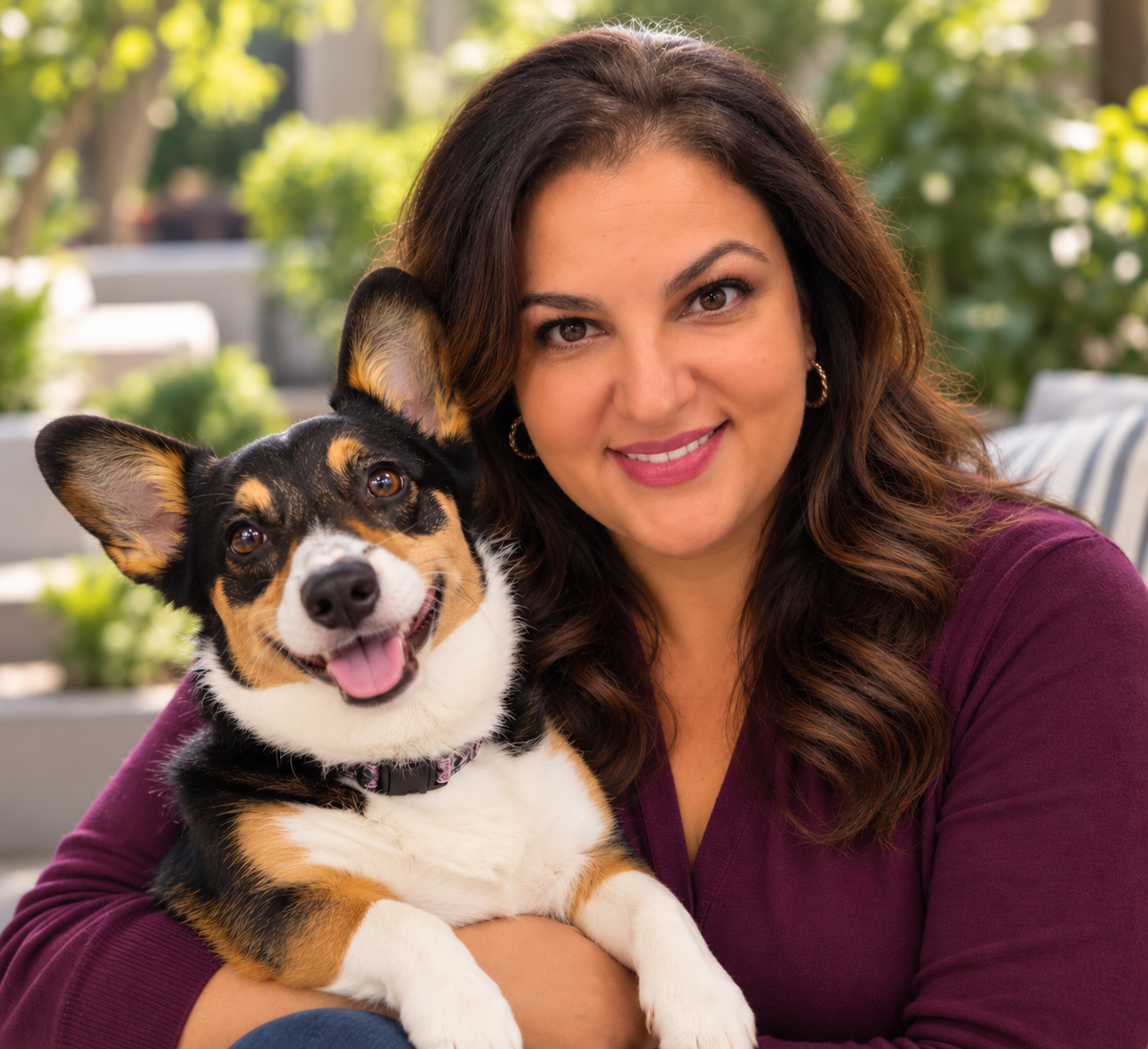 Jacquie smiling with Triscuit, her certified therapy and crisis response dog